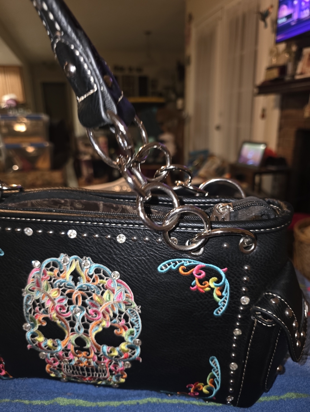 Montana West Black Leather Shoulder Bag with Multicolor Sugar Skull Embroidery - Picture 7 of 14
